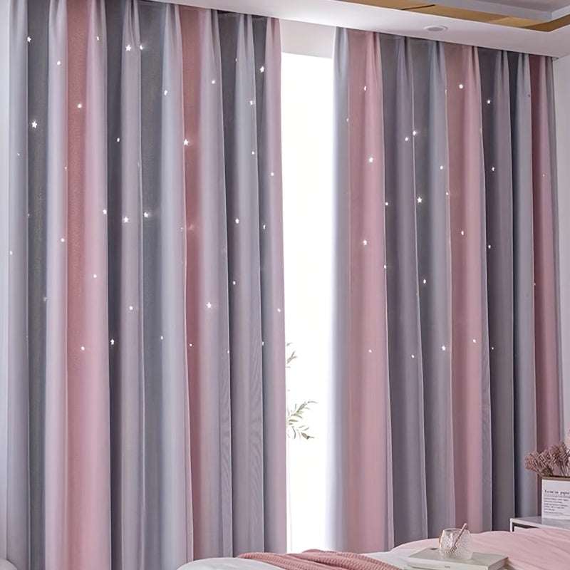 Gray Pink Gradient Star Fabric Sheer Two Layer Curtain, perfect for adding a touch of elegance to your living room, bedroom, office, or home decor.