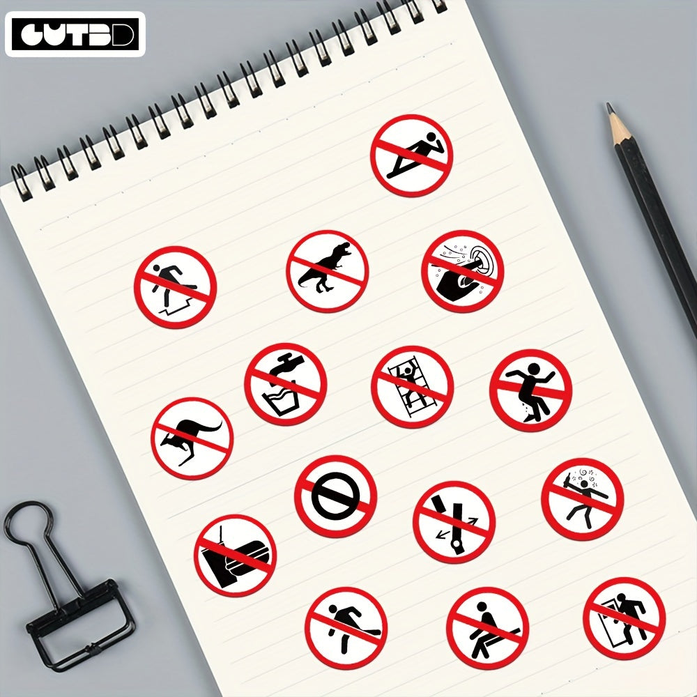 62pcs waterproof PVC stickers with funny cartoon prohibitory signs for DIY projects, laptops, notebooks, and phone cases.