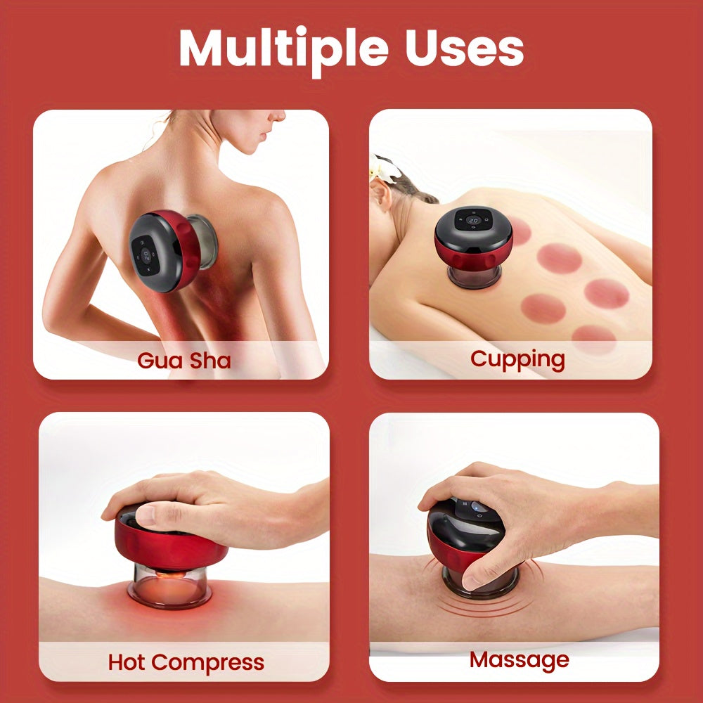 Portable electric vacuum cupping machine for home spa, rechargeable via USB with heating function for back, neck, and arm massage. Powered by 18650 battery at 36V or lower.