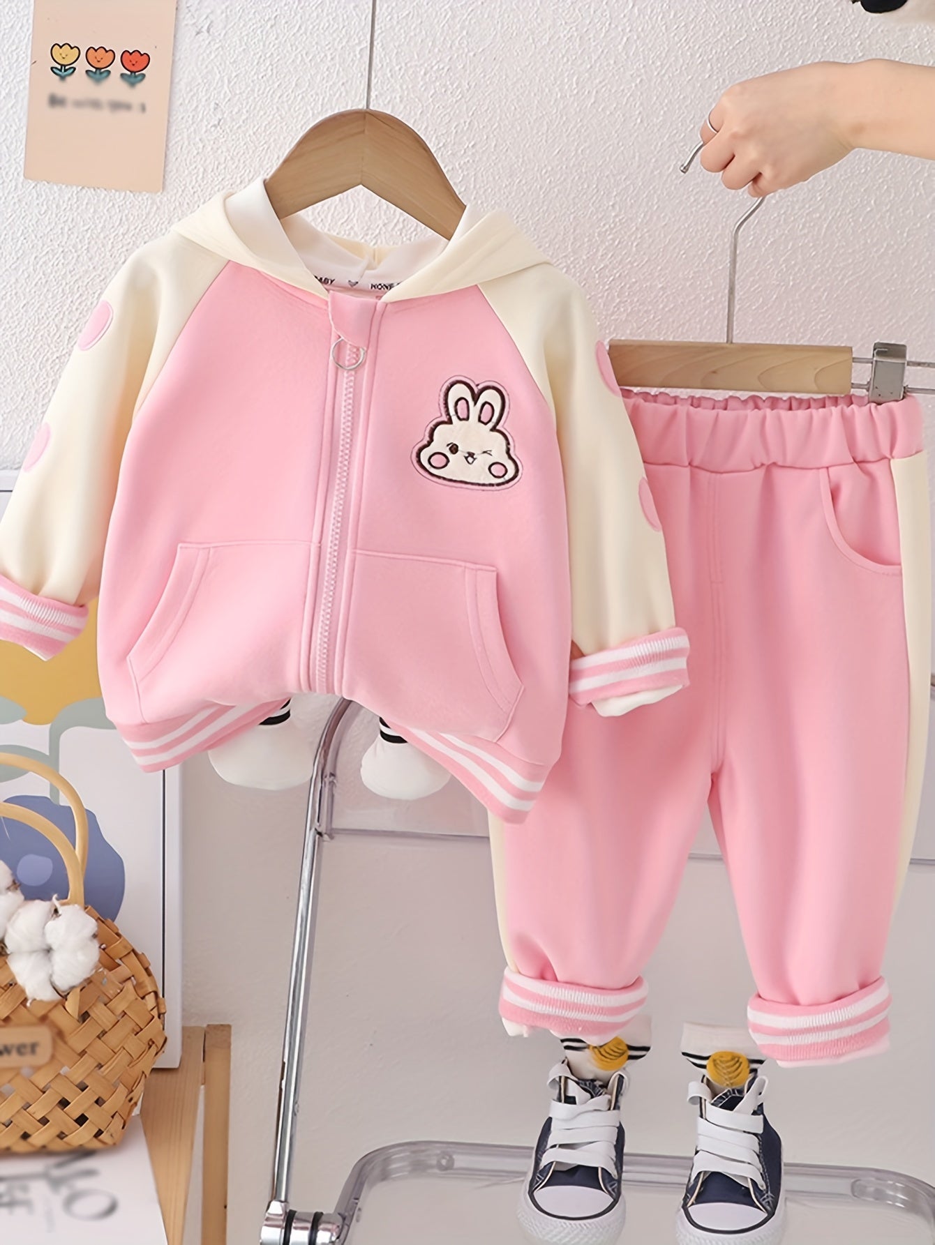 Pink Bunny Hoodie & Pants Set for Girls - Soft Cotton Blend, Cartoon Rabbit Design, Machine Washable - Ideal for Spring/Fall, Comfortable Youngsters Clothing.