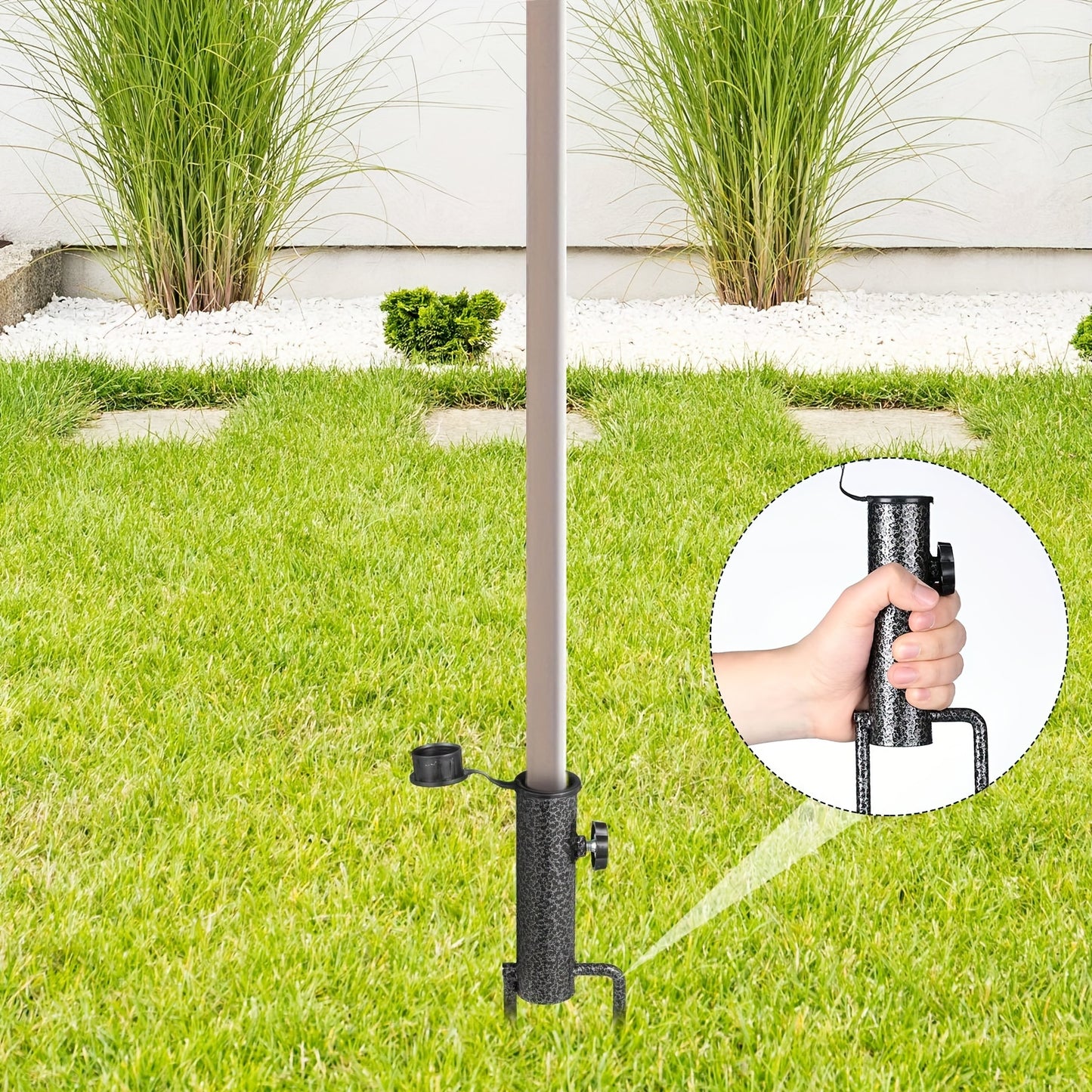 Portable umbrella base stand made of heavy-duty steel with rubber feet for stability. Fits 28-32mm poles, suitable for outdoor use. Features a sleek metallic design with a textured steel