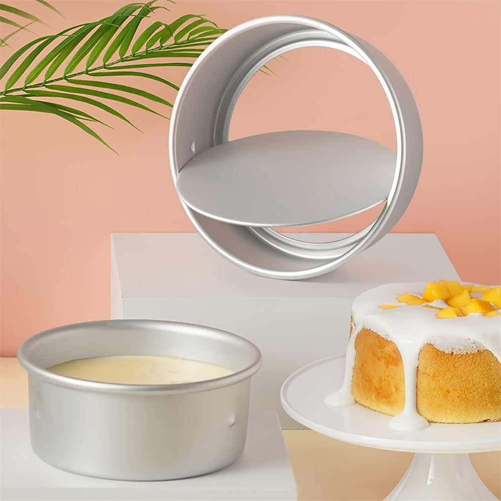 Cake Pan Set includes three pieces in sizes of 10.16cm, 15.24cm, and 20.32cm. These round aluminium cake molds have removable bottoms, making them convenient for baking cakes. Perfect addition to your kitchen tools collection.