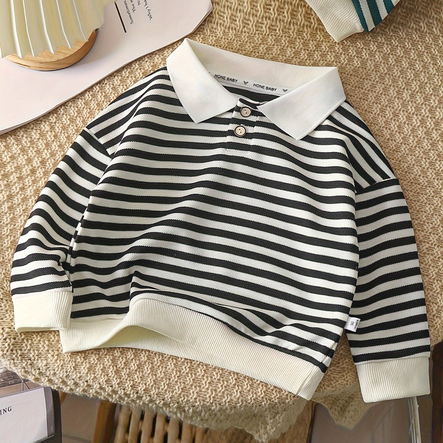 Striped lapel top keeps boys warm and stylish!