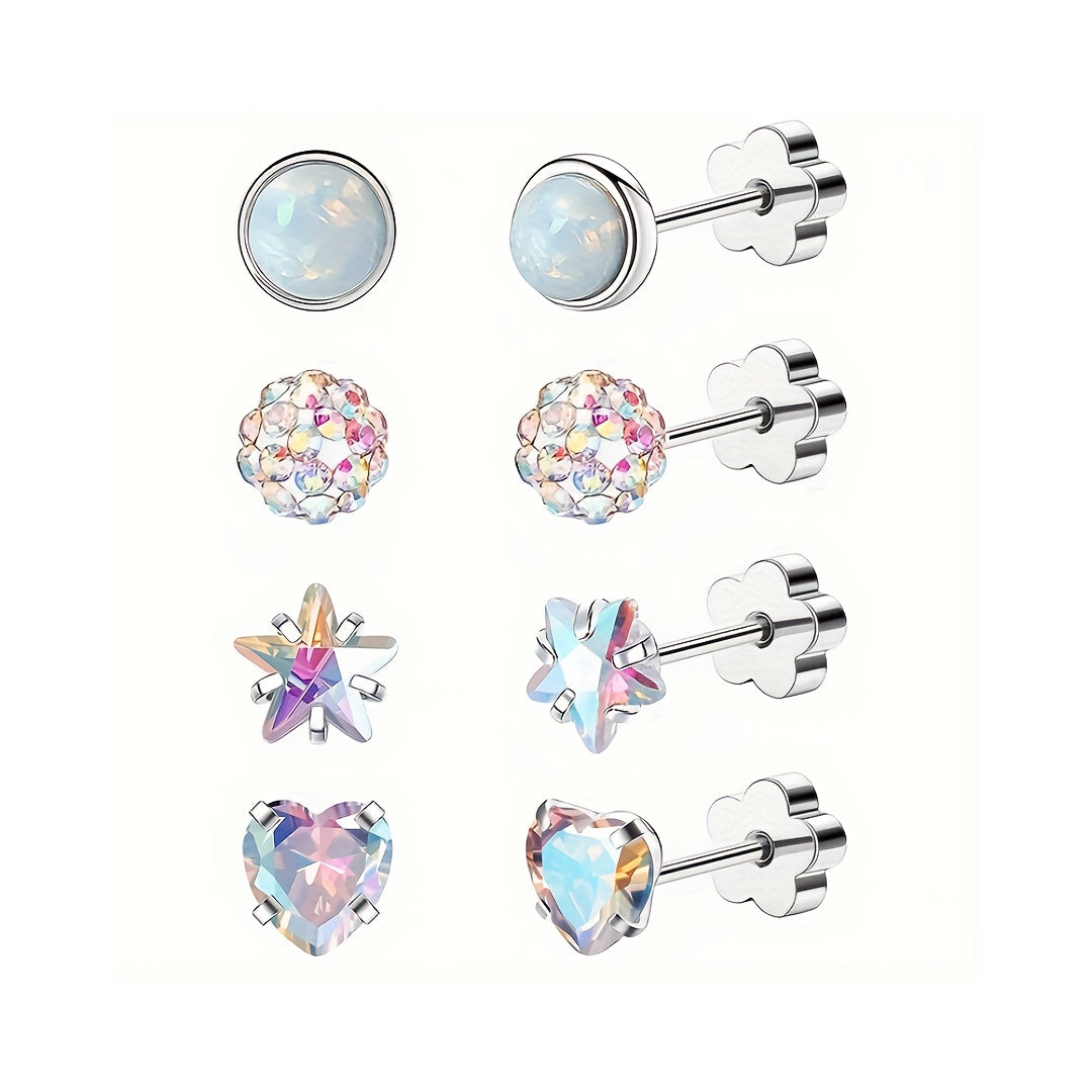 These hypoallergenic flat back earrings are perfect for women with sensitive skin. Made of Star Heart protein stone, they feature a European screw back design and are available in pink, silver, and AB colors. Suitable for men, women, and girls alike.