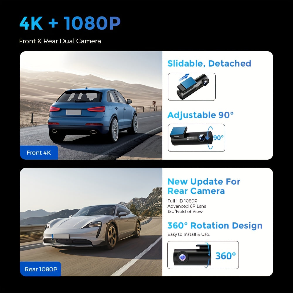 AZDOME M300S 4K HD Dash Cam with front & rear live recording, 5G WiFi, GPS, voice control, WDR, G-sensor, parking monitoring, and included SD card.