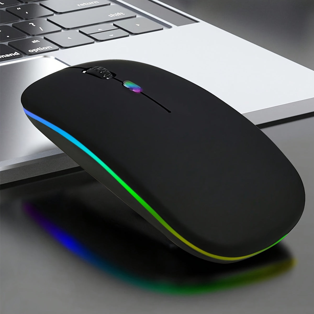 Dual mode wireless mouse for laptop and desktop with silent operation, RGB backlight, battery-powered, no charging function, operating voltage ≤36V.