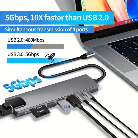 Vszapower 8-in-1 USB-C Hub for MacBook & Windows Laptops, HDTV output, fast charging, card reader, Ethernet Port - Aluminum Alloy Adapter.