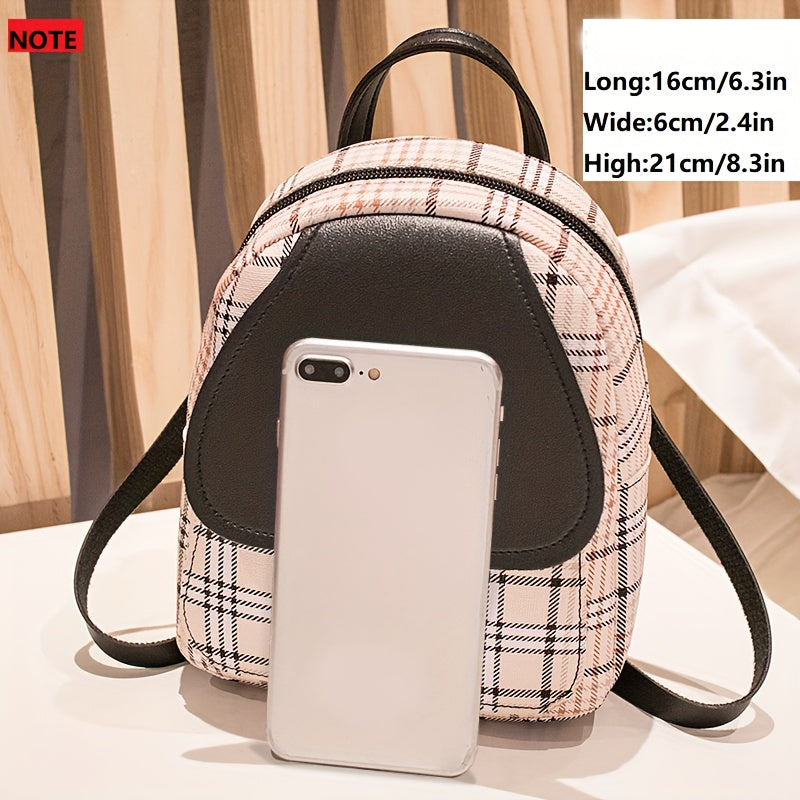 Small plaid backpack with adjustable straps for women, featuring multiple compartments for phone, camera, lipstick, and keys.