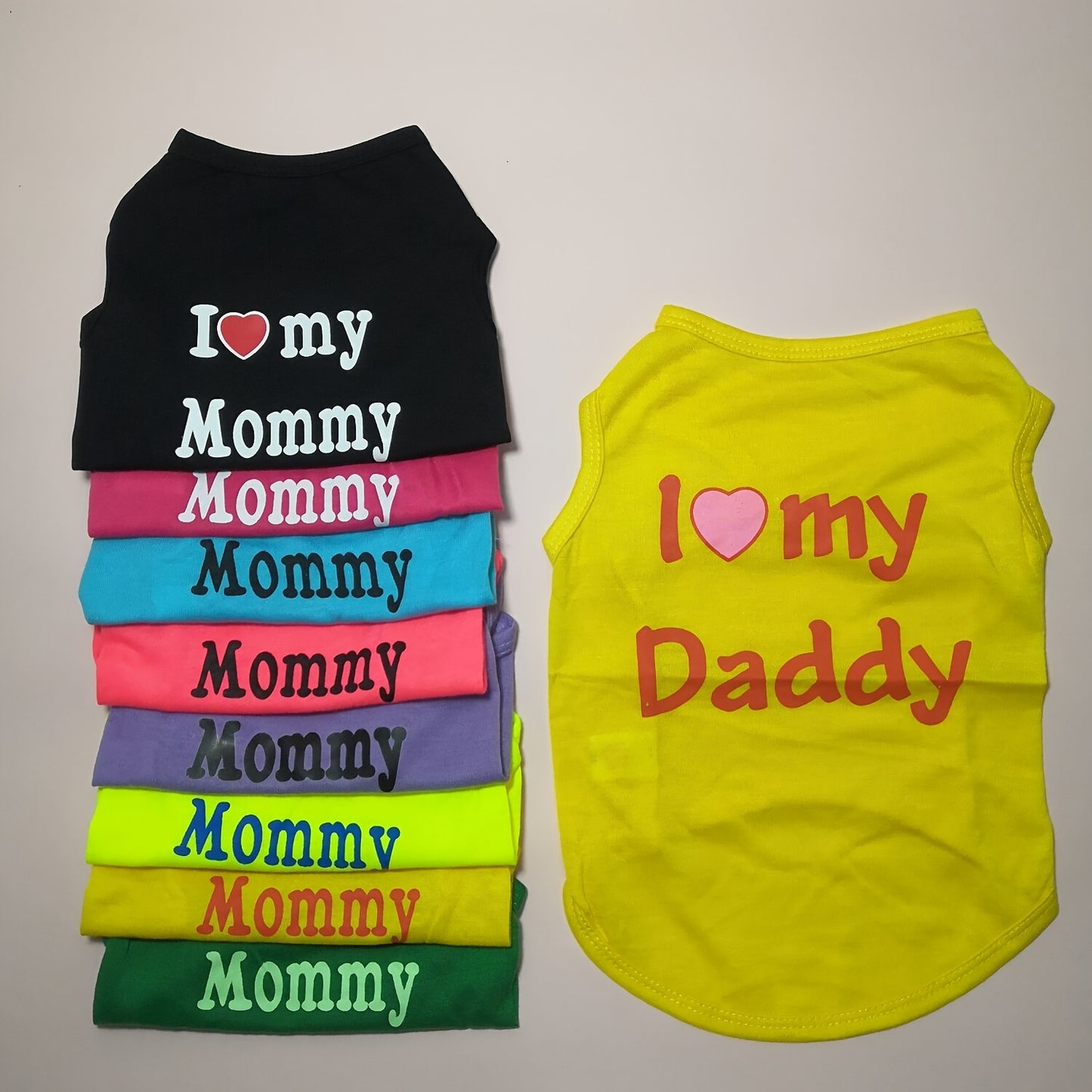 Cute 'I Love My Daddy/Mommy' graphic pet vest for summer parties, suitable for dogs and cats.