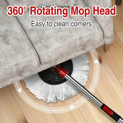 The Black Compact 360° Rotating Mop and Bucket Kit comes with Two Microfiber Mop Heads, a Adjustable Stainless Steel Handle, and a Cleaning System for Schools and Bathrooms.