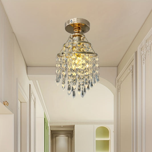 1pc Golden Crystal Chandelier Ceiling Light for E27 Base, Ideal for Bedroom, Balcony, Hallway, Light bulb not included.