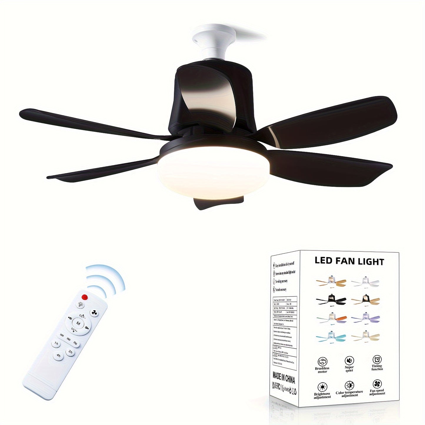 Modern dimmable LED ceiling fan light with remote, multi-speed fan with 3 color options. Easy install with E26/E27 base, hard-wired for various rooms, no battery needed.