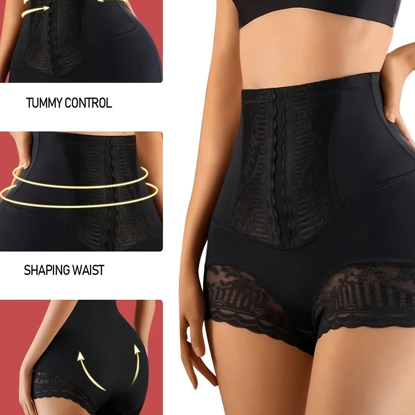 High-waist shapewear panties for women, ready for summer with invisible belly control and hip lift. Made of breathable nylon blend with lace detail.