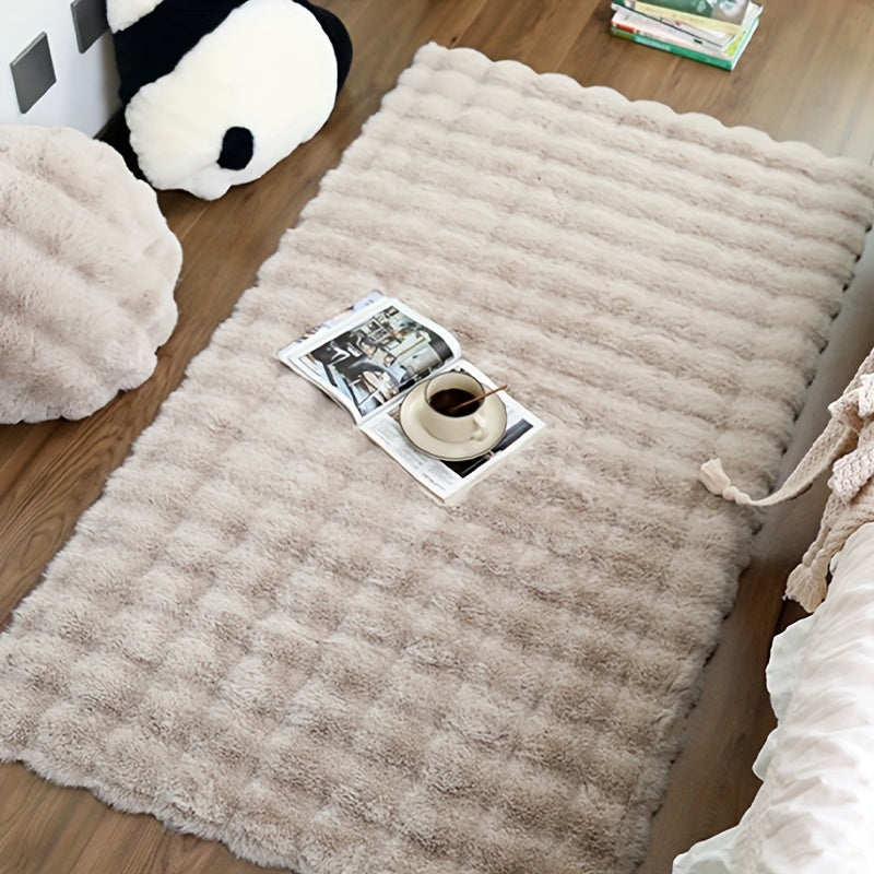 High-Quality Soft Fluffy Bubble Velvet Carpet, Ideal for Bedroom, Living Room, Cloakroom, Powder Room, and Other Areas. This Artificial Rabbit Fur Area Carpet is Solid Color for a Luxurious Look. Featuring Anti-Slip, Waterproof, and Stain-Resistant