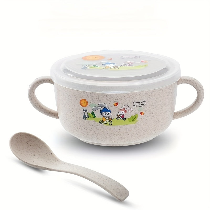 Cartoon-themed bowl with cutlery, insulated to prevent spills, featuring double handles and a lid. This versatile eating bowl is microwavable and perfect for serving fruits or snacks.