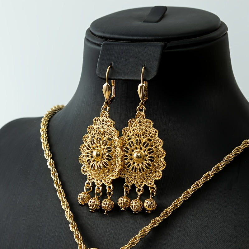 Vintage Luxury Double Layer Pendant Necklace and Earrings Set, 24K Golden Plated Zinc Alloy with Traditional Algerian Filigree Carving. Perfect for Weddings, Gifts, and Ramadan Holidays. Suitable for all Seasons. Ideal Bridal Jewelry Set.