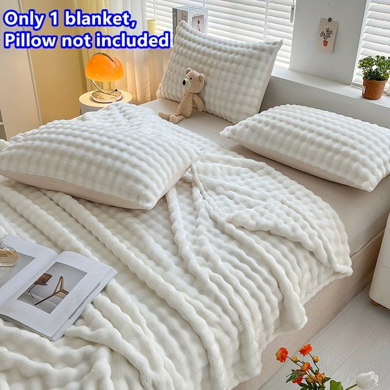 Soft Bubble Fleece Blanket - 1 piece, All-Season, Contemporary Style, Machine Washable, Solid White Color, Made of Polyester, Knitted, Water Washed, 200-250gsm Weight, Versatile for Bed, Sofa, Bedroom, Travel, and Camping Use