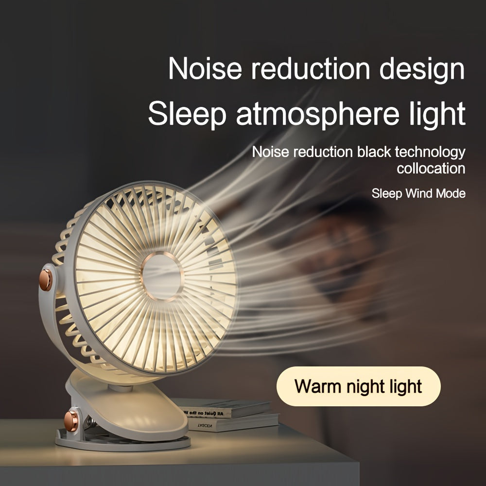 Portable silent desktop fan featuring powerful wind, energy-efficient biomimetic fan blades, five-speed wind adjustment, built-in battery with long-lasting USB charging, 720-degree adjustable air supply, and a 6-inch extra-large air outlet.