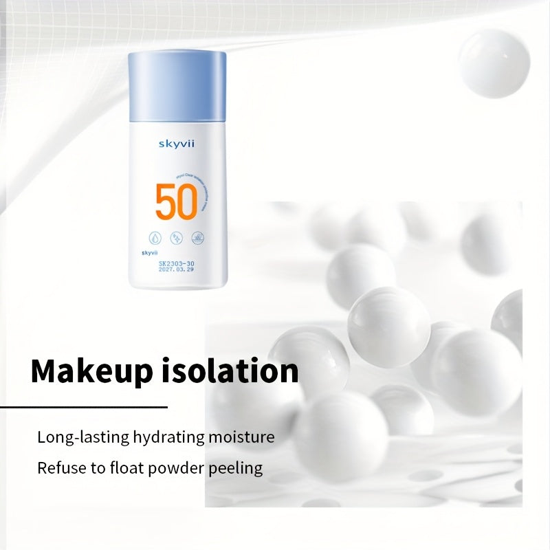 SPF50+ Sunscreen Cream with hydrating isolation for daily protection. Non-greasy matte finish, primer base with light cream texture.