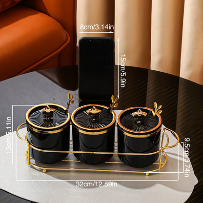 Kitchen spice pot set including containers for monosodium glutamate, salt, pepper, and other seasonings, with lid, tray, and spoon, for food storage and decoration.