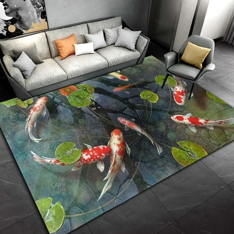 Transform your space with this stunning Koi fish pond design area rug. Made from polyester flannel, this non-slip and washable floor mat is luxuriously soft with a thickness of 1cm. Perfect for the living room, kitchen, or doorway entrance, this