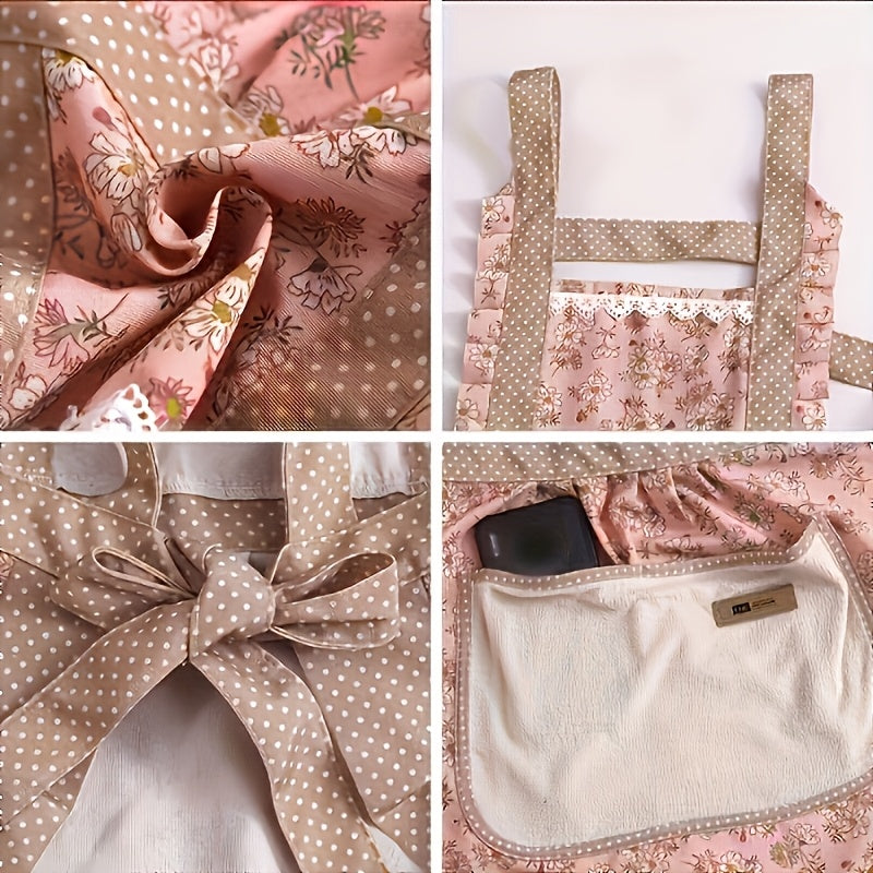 Waterproof floral lace apron with towel pocket; ideal for kitchen, living room, and bathroom.