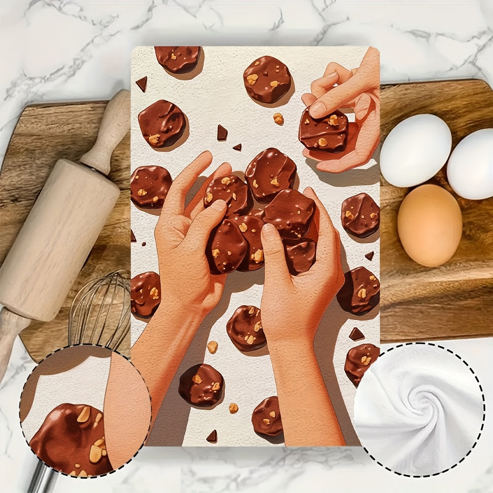 Get 2 ultra soft kitchen towels, perfect for holiday decor and featuring a set of gourmet chocolate covered cookies. These highly absorbent dish hand towels are machine washable and measure 16x24 inches. Item number: 2KYSMF1214049