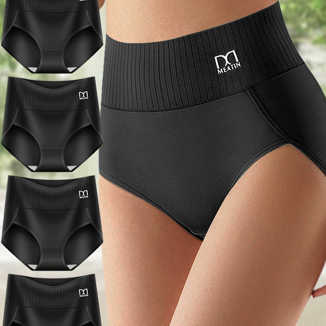 4 black high-waisted women's underwear with tummy control and waist cinching.