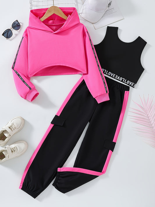 3-piece sporty co-ords set for active girls, includes crop hoodie, tank top with letter tape, and sweatpants, perfect for casual outdoor wear or as a gift.