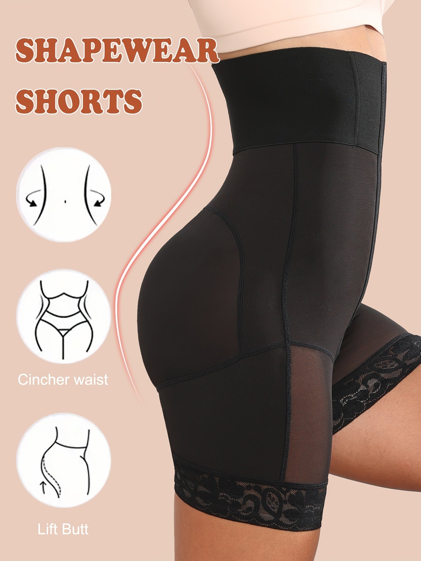 High-waisted shapewear briefs for women with hip and abdomen control, post-surgery compression, butt lifting, thigh slimming, adjustable hooks, and breathable mesh with lace detailing.