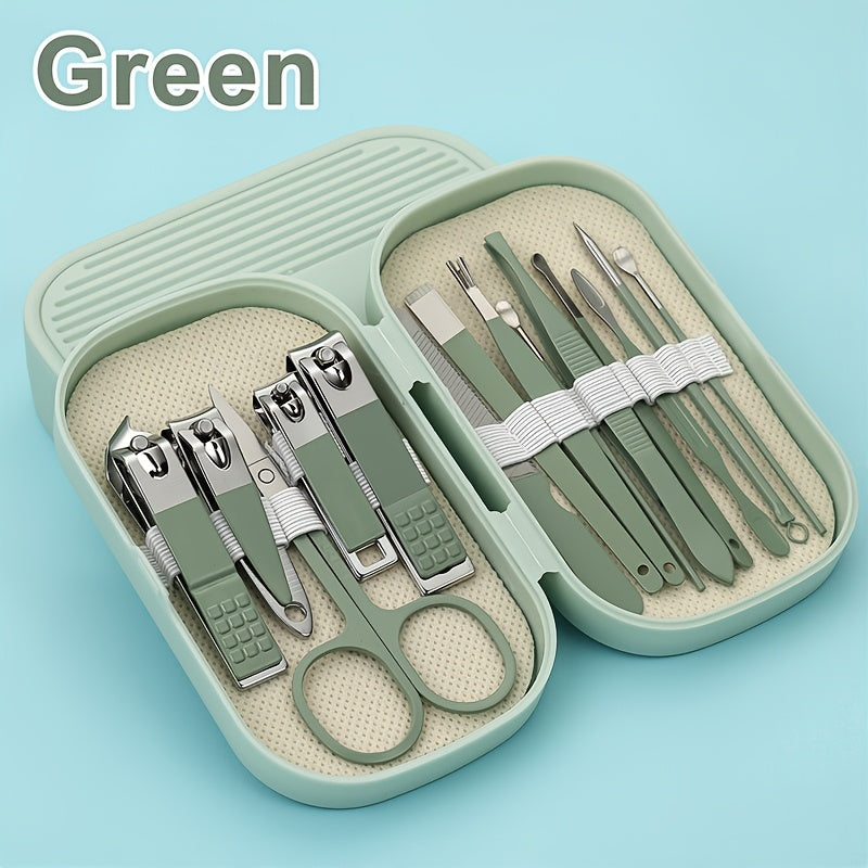 Portable nail clipper set for men and women, made with high-quality carbon steel blades and a concave edge. Includes storage case and complete fingernail and toenail grooming kit.