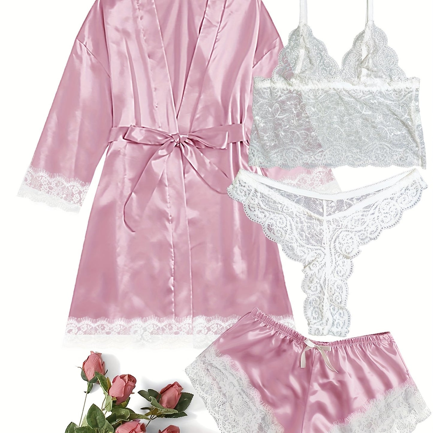 Women's loungewear set with lace detailing, robe, V neck cami, panties, and shorts.