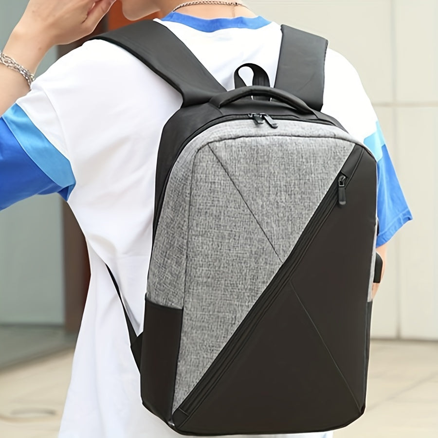 Three-piece laptop backpack set made of waterproof polyester with TSA-compliant zipper closure in grey, black, red, and blue colors. Suitable for business and school use, hand wash only.