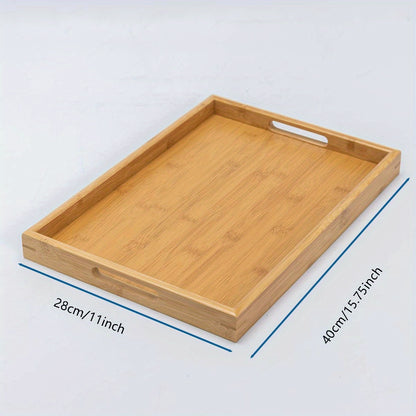 Bamboo serving tray with handles for eating, working, and storing in various locations.