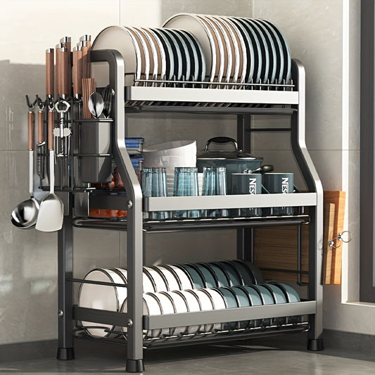 One-piece kitchen dish drying rack with cutting board and utensil holder, easy to install, large capacity, rustproof.