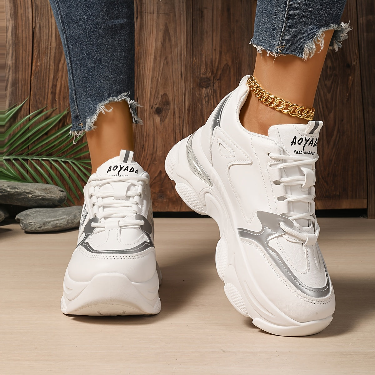 Chunky sneakers for women featuring a casual lace-up design and trendy wedge sports shoes.