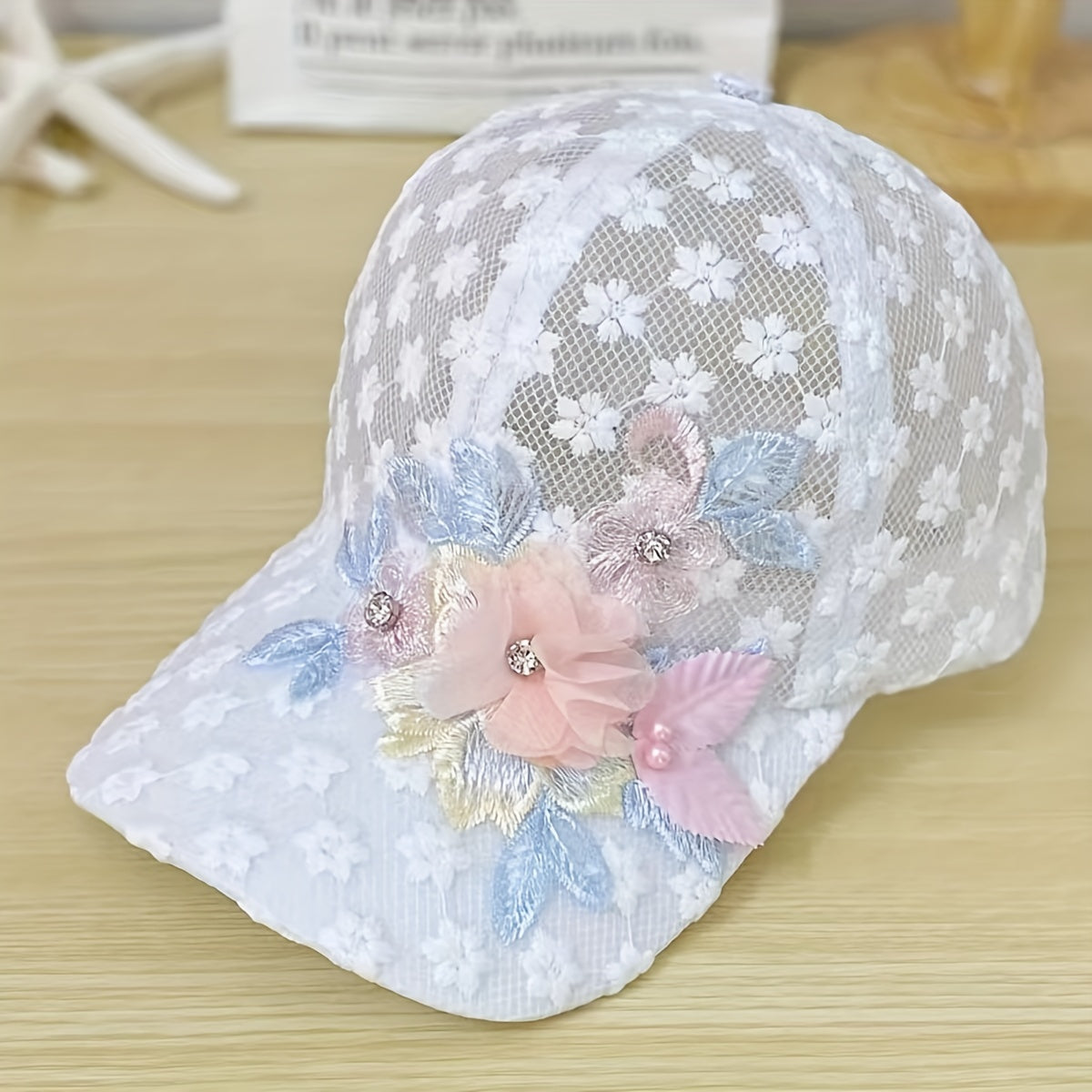 Flower Embroidery Mesh Trucker Hat with Faux Pearl Decor and Elegant Lace for Women