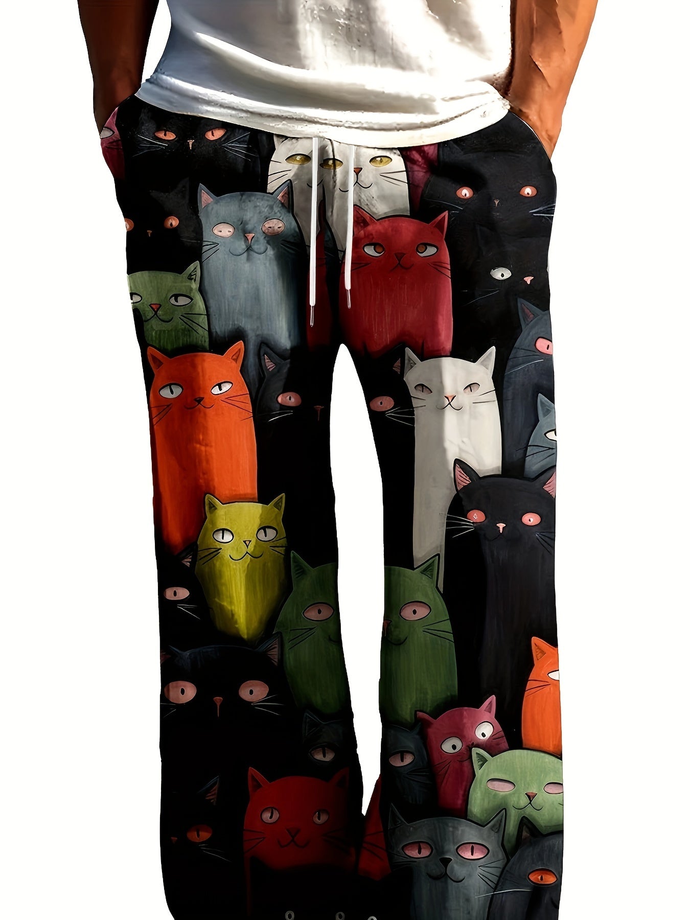 Loose-fitting men's pajama pants with 3D cat print, wide legs, pockets, and breathable polyester.