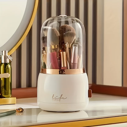 High-end 360-Degree Rotating Makeup Organizer with Dustproof compartments for Brushes, Lipsticks, and Eyebrow Pencils - Ideal for Bathroom Vanity.