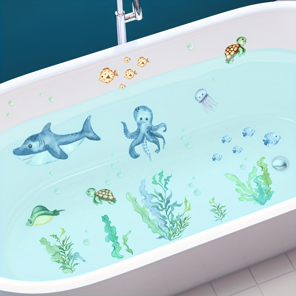 6 waterproof bathtub stickers featuring shark, seaweed, and octopus patterns to prevent slipping.