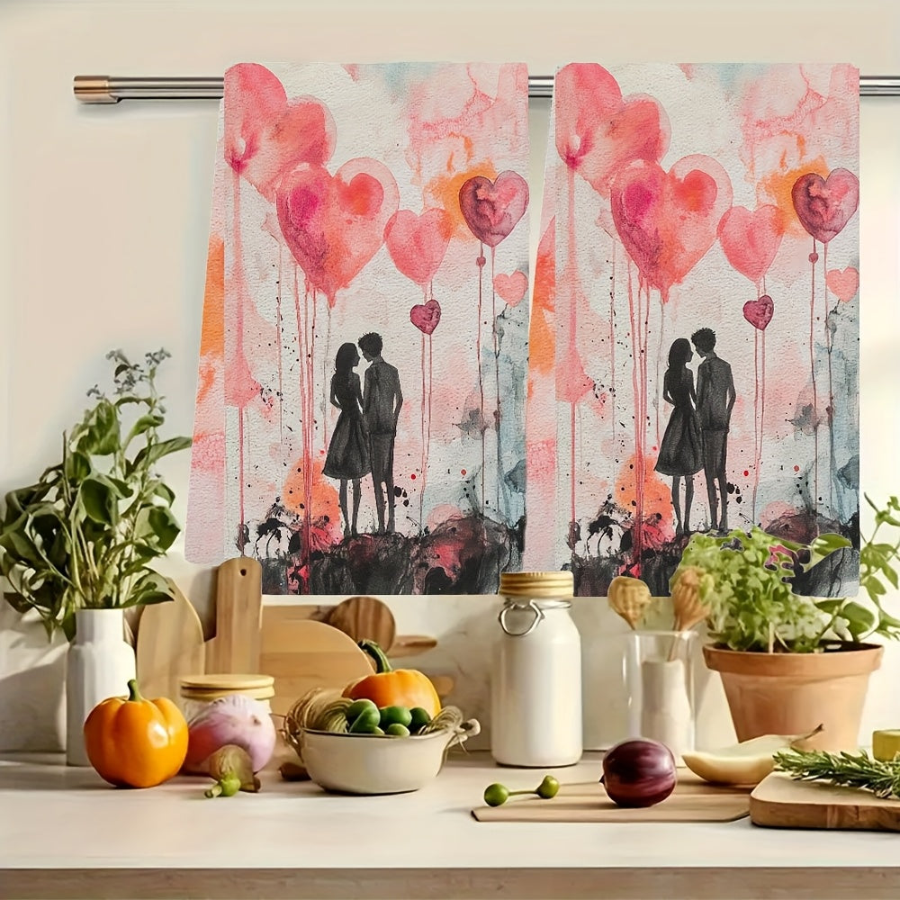 Set of 2 Romantic Balloon Illustrated Kitchen Towels - Made of Ultra Soft, Highly Absorbent Polyester, 40.64x60.96 cm, Easy to Clean in Washing Machine, Ideal for Adding a Touch of Love to Your Valentine's Day Decor, Perfect for Drying Dishes