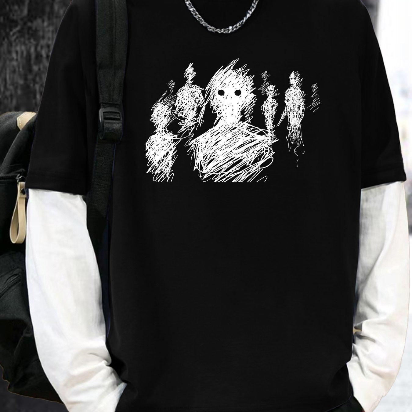 Men's loose fit black long-sleeve t-shirt with unique line art print, round neck, machine washable. Perfect for casual attire and comfortable outerwear. Modern casual style in stretchy