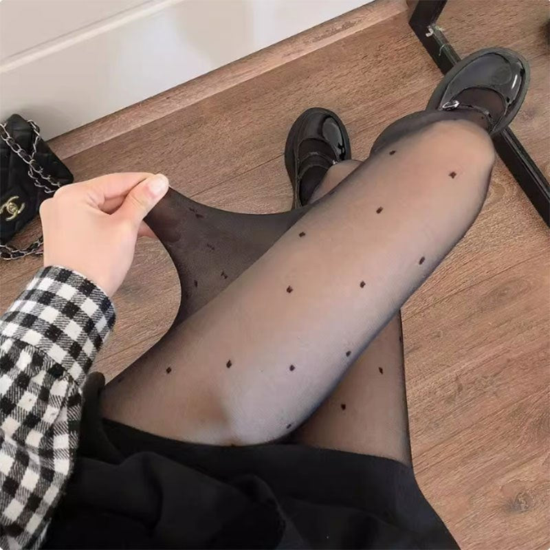 1pc Women's Heart Polka Dot Black Sheer Tights, Polyamide/Polyester Knit Fabric, Machine Washable Fake Transparent Leggings