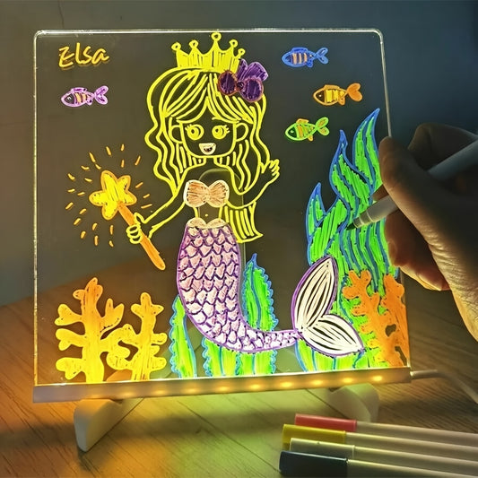 LED Light-Up Drawing Board with 7 color pens and night light, USB powered for creative activities. Reusable doodle board with stand, safe non-toxic materials, ideal for children's room decor and educational fun. Youngsters drawing tool that illuminates