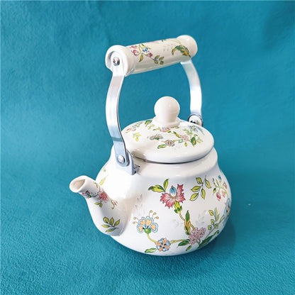 A stylish 1.5L enamel kettle, featuring an aromatic floral design and pear-shaped body. Safe for use on gas and induction cookers, perfect for brewing tea and making cold drinks. Includes a built-in strainer for easy use.