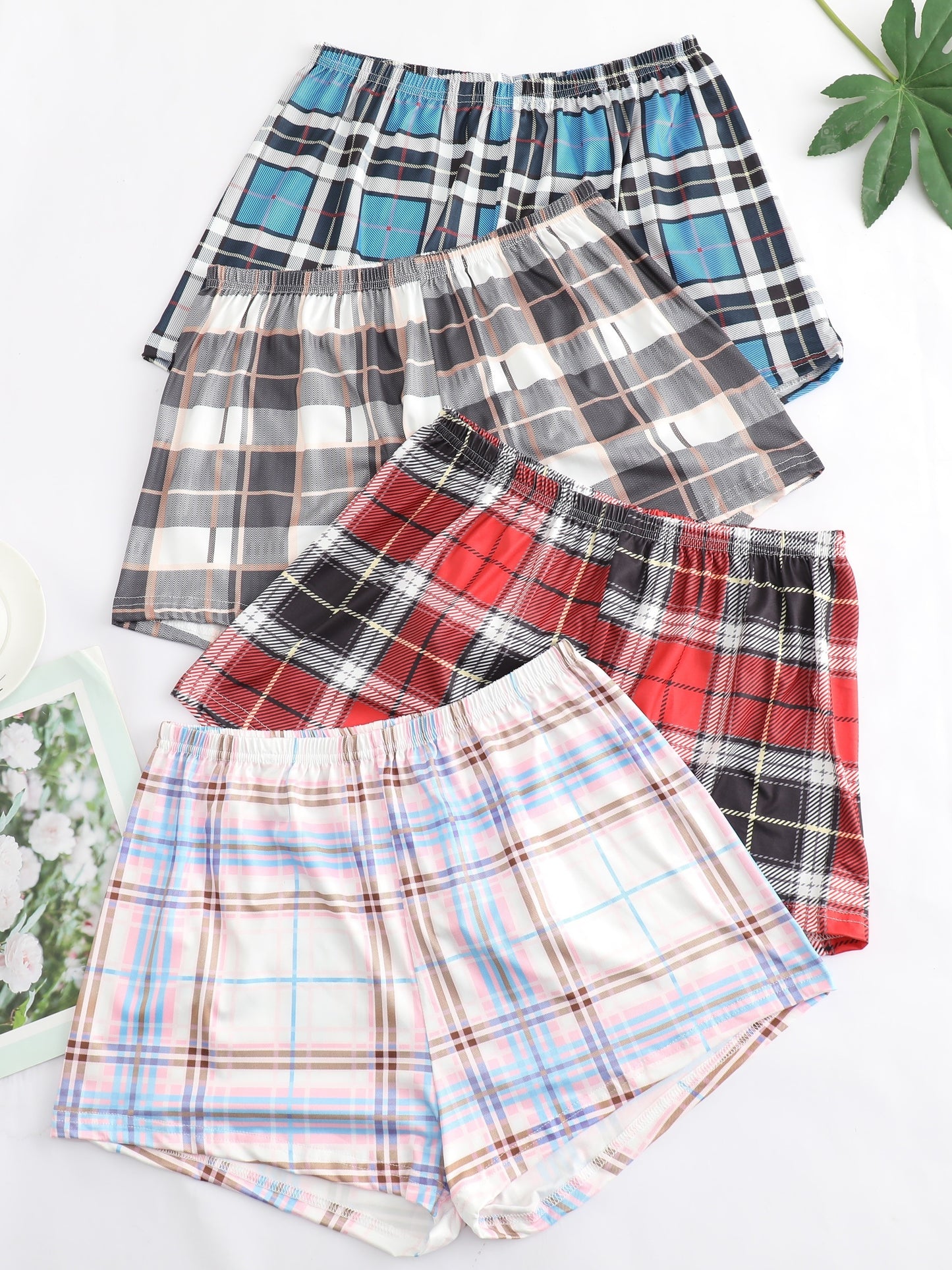 4 plaid print lounge shorts with elastic waist for women's sleepwear and loungewear.