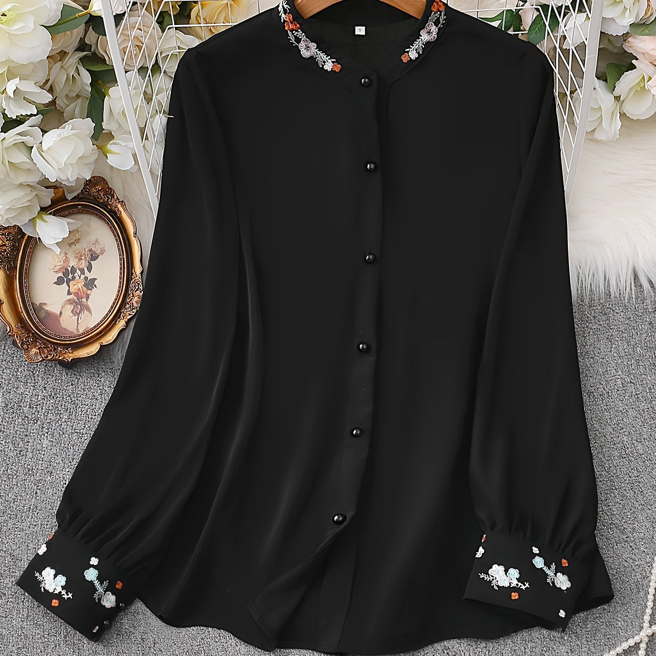 Floral Embroidered Button Front Blouse, Elegant Long Sleeve Women's Top for Spring and Fall