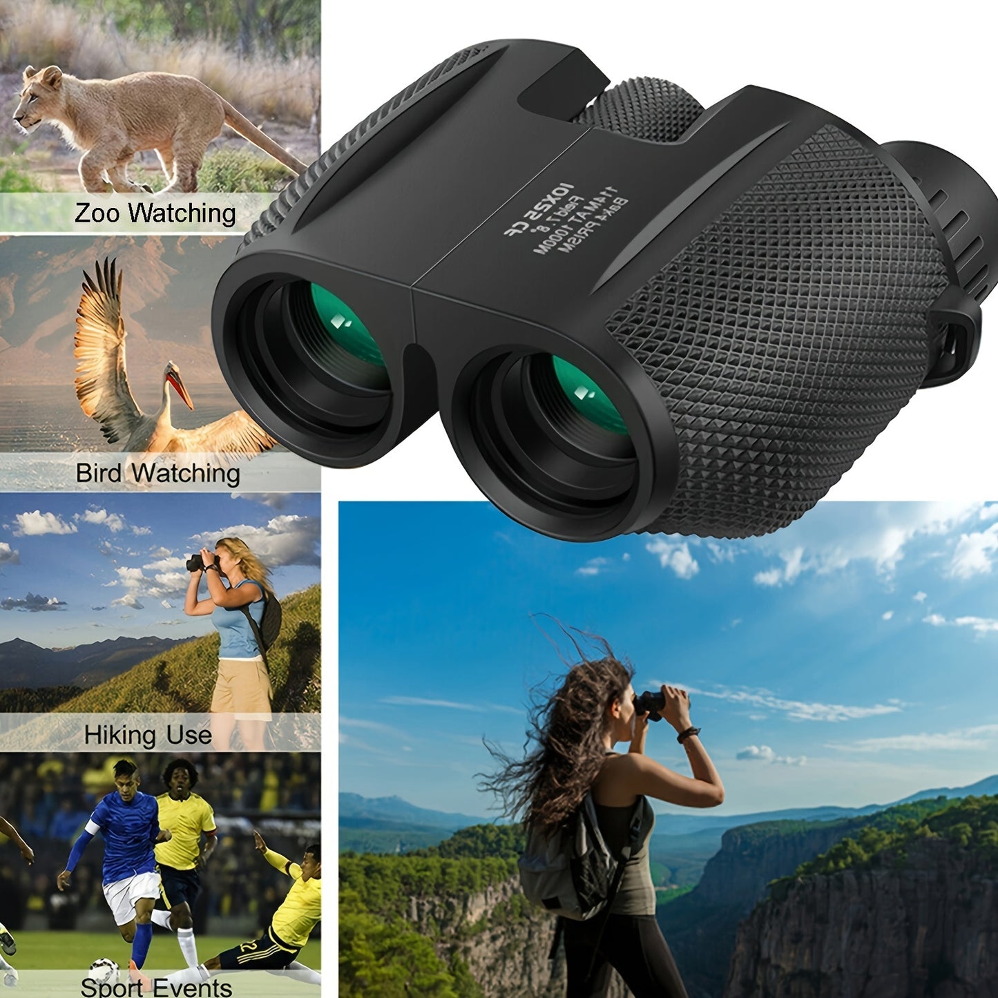 Black rubber-coated binoculars with 24mm objective lens, 10x magnification, center focus, and an ergonomic design for outdoor activities.