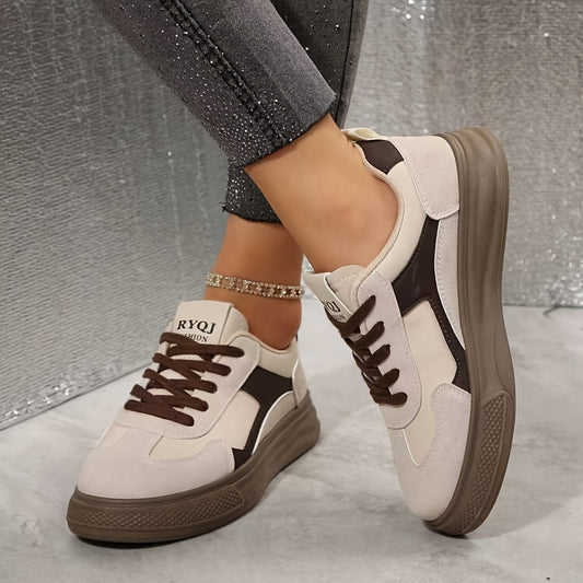 Women's low top lace-up casual sneakers with solid color and all-season comfort. Features a durable non-slip sole, round toe, fabric upper and inner, and rubber outsole. Perfect for