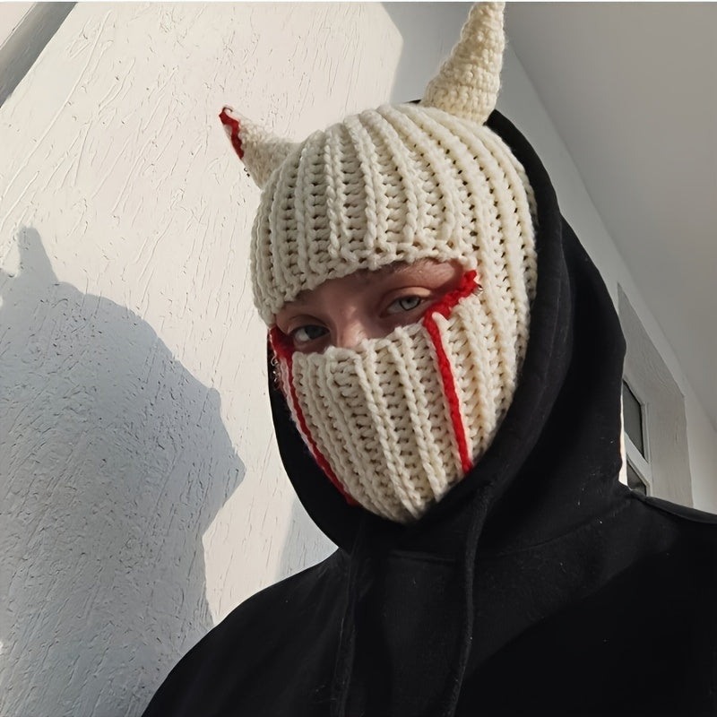 Stylish Striped Knit Balaclava with Blood Stains & Horns - Stretchy, Cozy Headwear for Halloween & Costume Parties, Perfect for Fall and Winter Seasons.